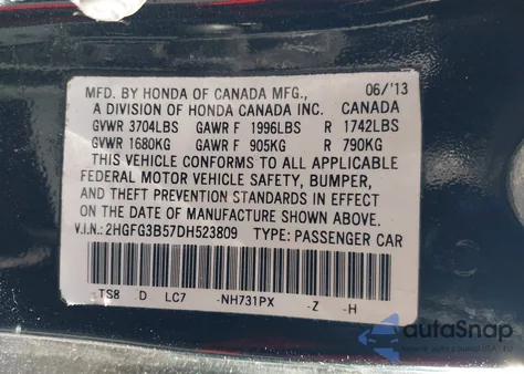 2013 Honda Civic Lx из США, поврежденный, VIN 2HGFG3B57DH523809